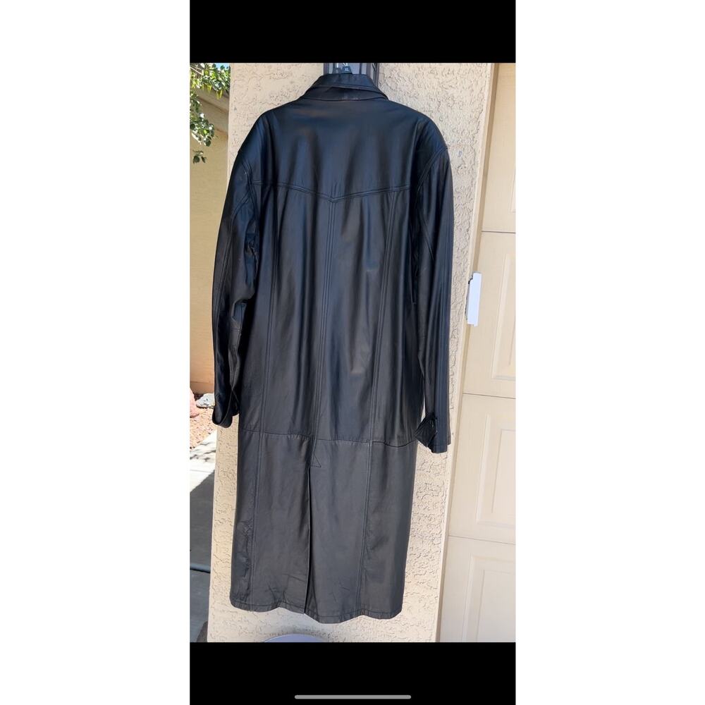 VTG Y2K Men’s XLT 100% Leather Full Length Trench Coat Jacket Black Pockets Tall - Picture 3 of 5